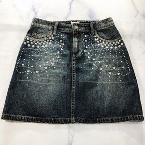 Cache Dark Wash Bedazzled Jeweled Denim Skirt